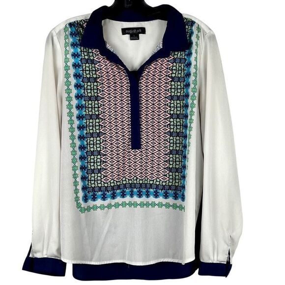 August Silk 1/2 Button Long Sleeve Blouse Large - Picture 1 of 10